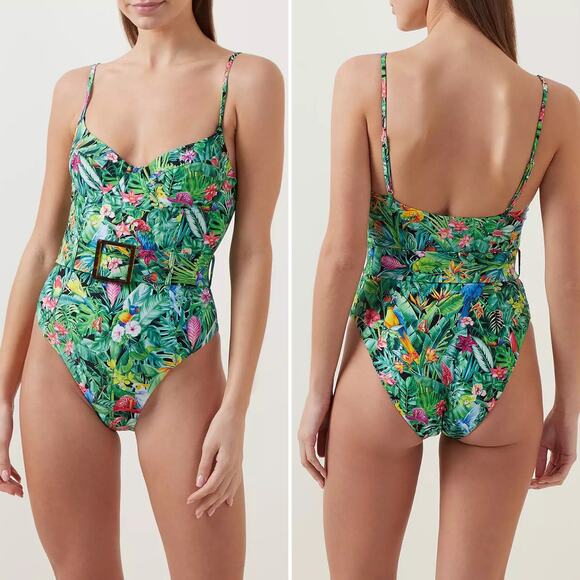 NWT Weworewhat Danielle One Piece Swimsuit Palm Green Size XS Tropical Belted - Picture 4 of 16
